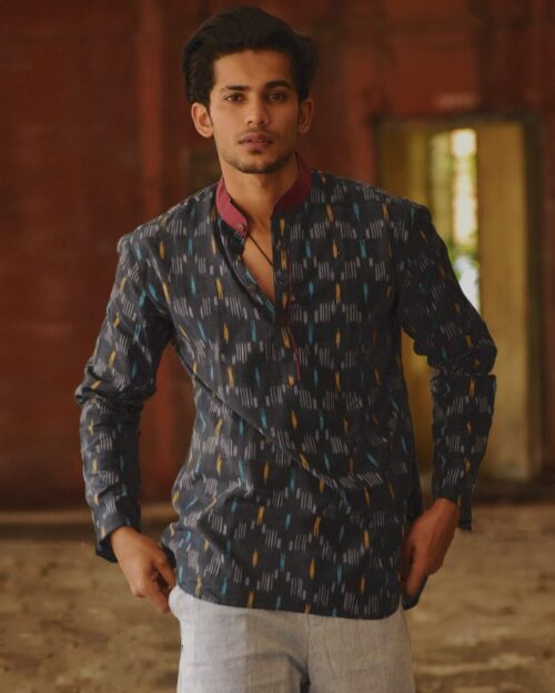 blue mandarin collar Ikat Kurta