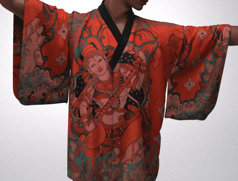 Hand painted mural kimono with traditional Kerala temple art design