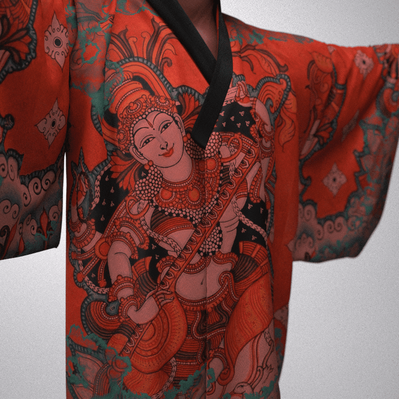 Premium mural kimono featuring Kerala temple mural paintings