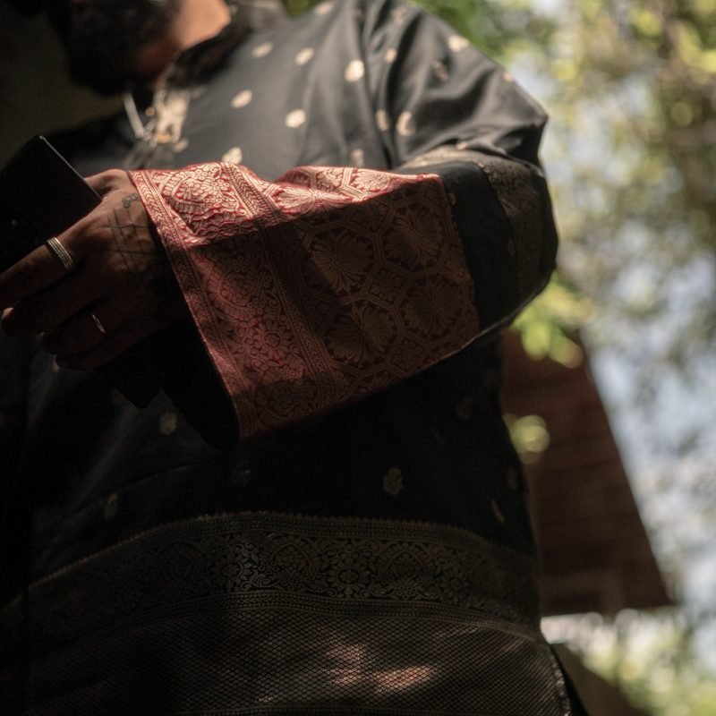 Brocade Black and Maroon Kurta With Mundu Set - Image 3