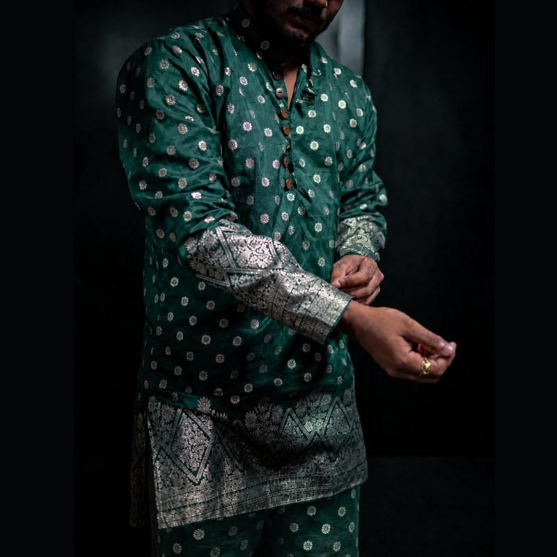 Brocade Green Kurta With Pant Set - Image 2