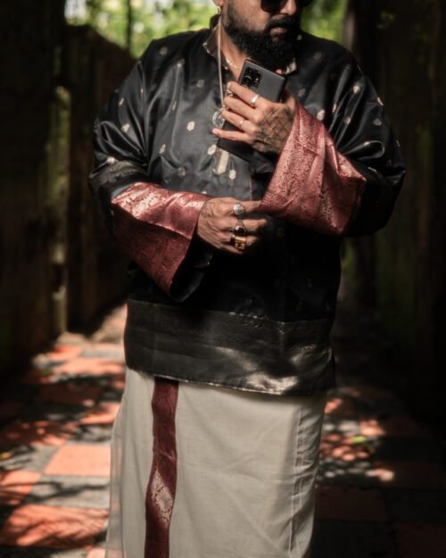 Brocade Black and Maroon Short Kurta With Mundu Set