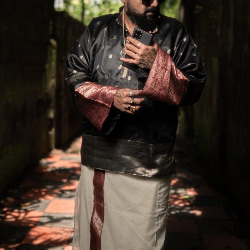 Brocade Black and Maroon Kurta With Mundu Set