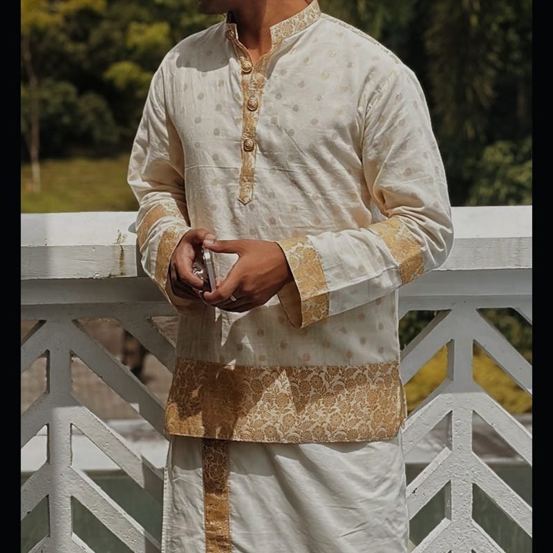 Brocade Kasavu Kurta With Mundu Set - Image 2